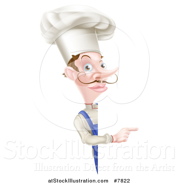 Vector Illustration of a Caucasian Male Chef with a Curling Mustache, Pointing Around a Sign