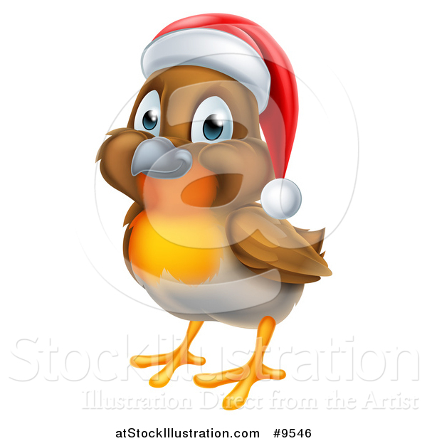 Vector Illustration of a Cheerful Christmas Robin in a Santa Hat, Facing Left