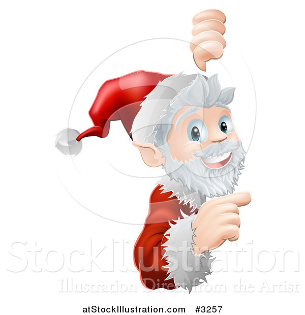 Vector Illustration of a Cheerful Santa Looking Around and Pointing to a Sign