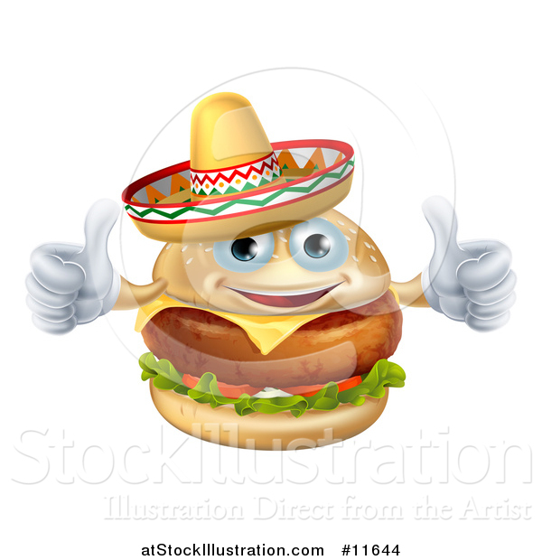 Vector Illustration of a Cheeseburger Mascot Wearing a Mexican Sombrero and Giving Two Thumbs up
