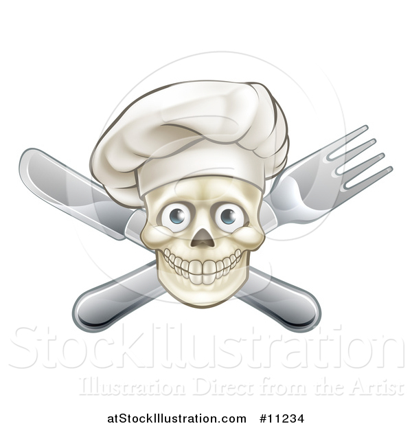 Vector Illustration of a Chef Human Skull over a Crossed Knife and Fork