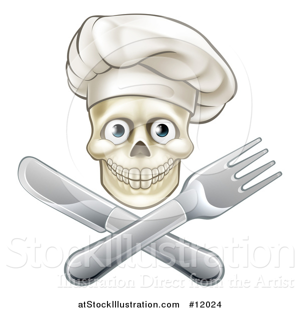 Vector Illustration of a Chef Human Skull over a Crossed Knife and Fork