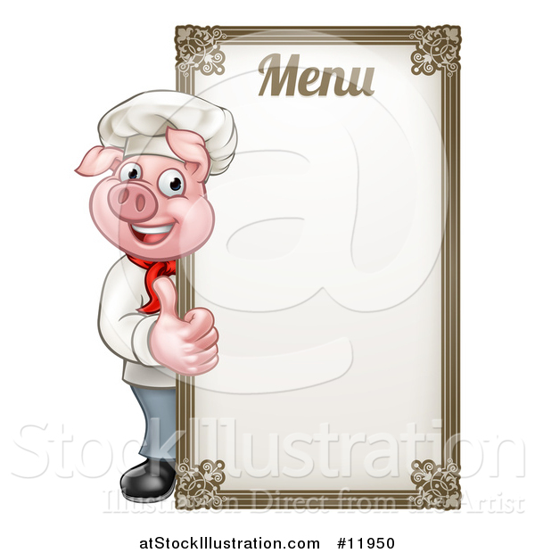 Vector Illustration of a Chef Pig Giving a Thumb up Around a Menu Board