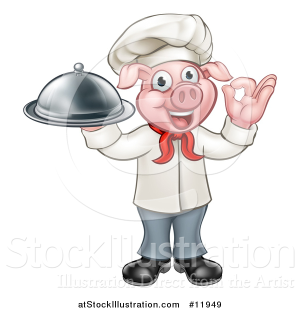 Vector Illustration of a Chef Pig Holding a Cloche and Gesturing Okay