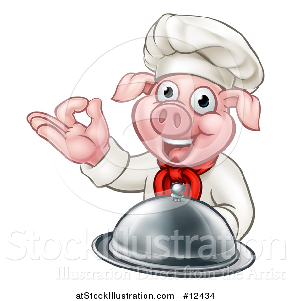 Vector Illustration of a Chef Pig Holding a Cloche and Gesturing Okay