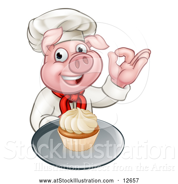 Vector Illustration of a Chef Pig Holding a Cupcake on a Tray and Gesturing Okay