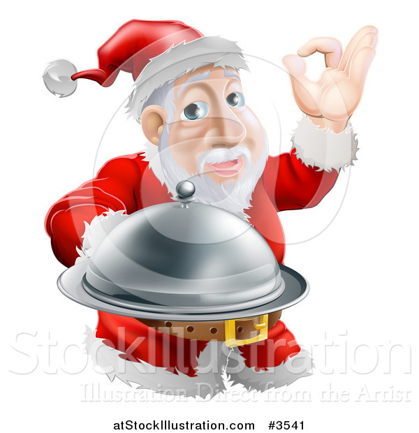 Vector Illustration of a Chef Santa Holding a Cloche and Gesturing Ok