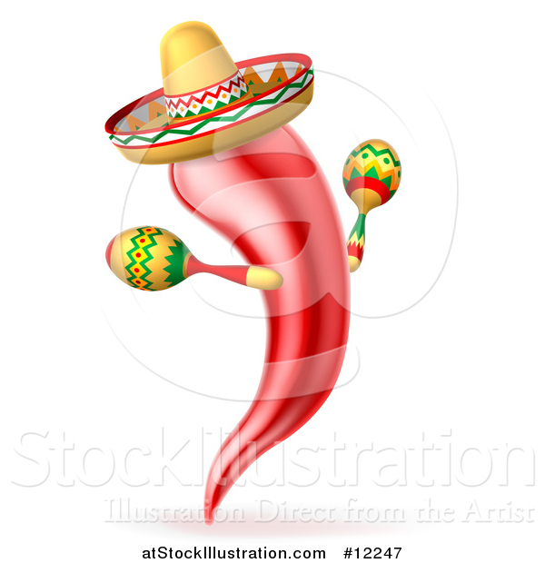 Vector Illustration of a Chili Pepper Mascot Wearing a Mexican Sombrero and Shaking Maracas