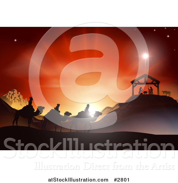 Vector Illustration of a Christian Christmas Nativity Scene with the Three Wise Men Approaching the Manger and an Orange Sunset