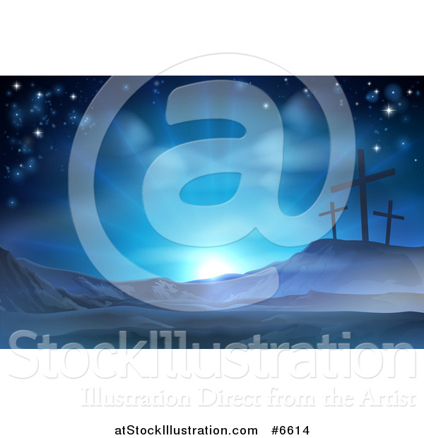 Vector Illustration of a Christian Easter Background of Crosses on Calvary Hill Against Blue Sunshine