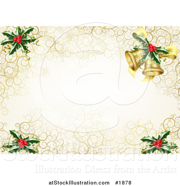 Vector Illustration of a Christmas Background Border of Swirls with Holly and Bells