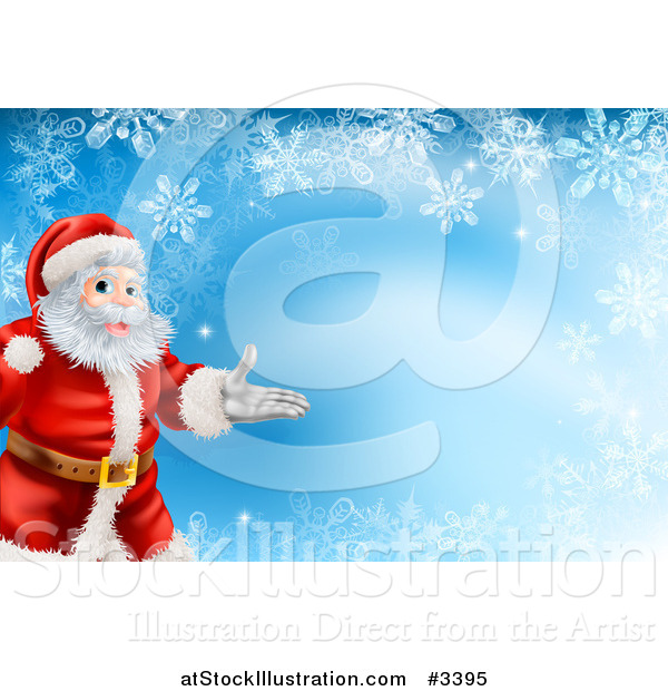 Vector Illustration of a Christmas Background of Santa Presenting over Snowflakes on Blue