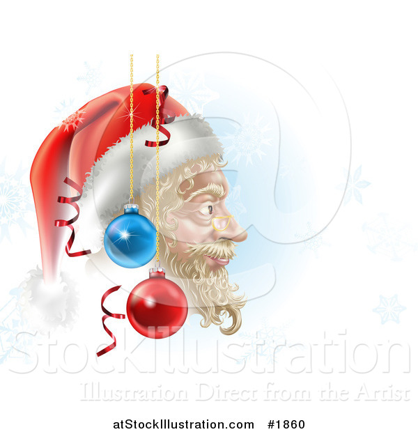 Vector Illustration of a Christmas Background of Santas Face in Profile, with Ornaments and Snowflakes on Blue and White