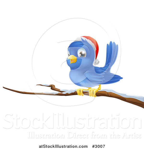 Vector Illustration of a Christmas Bluebird Wearing a Santa Hat and Perched on a Branch with Snow