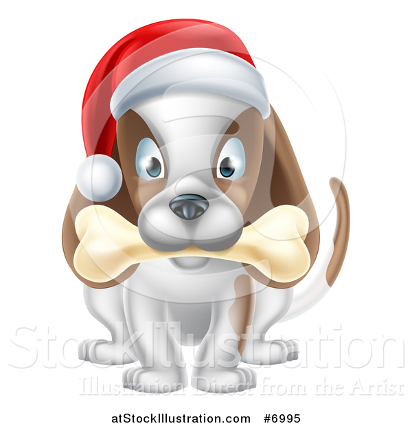 Vector Illustration of a Christmas Dog Sitting with a Bone in His Mouth and a Santa Hat on His Head