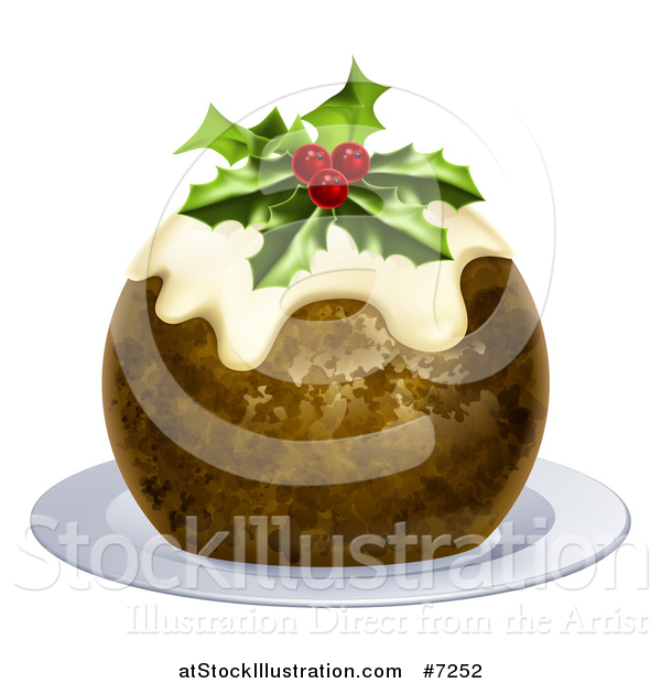 Vector Illustration of a Christmas Pudding Cake Garnished with Holly and Berries, on a White Plate