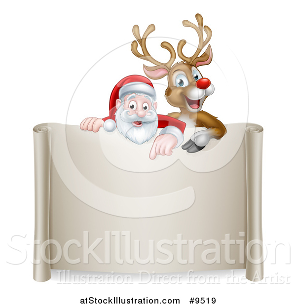 Vector Illustration of a Christmas Red Nosed Reindeer and Santa Pointing down over a Scroll Sign