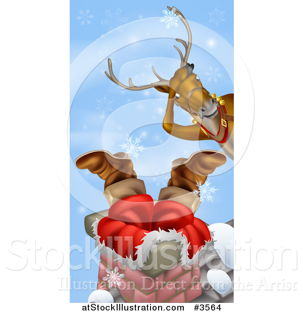 Vector Illustration of a Christmas Reindeer Watching Santa Stuck in a Chimney