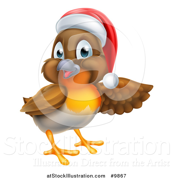 Vector Illustration of a Christmas Robin in a Santa Hat, Pointing to the Right