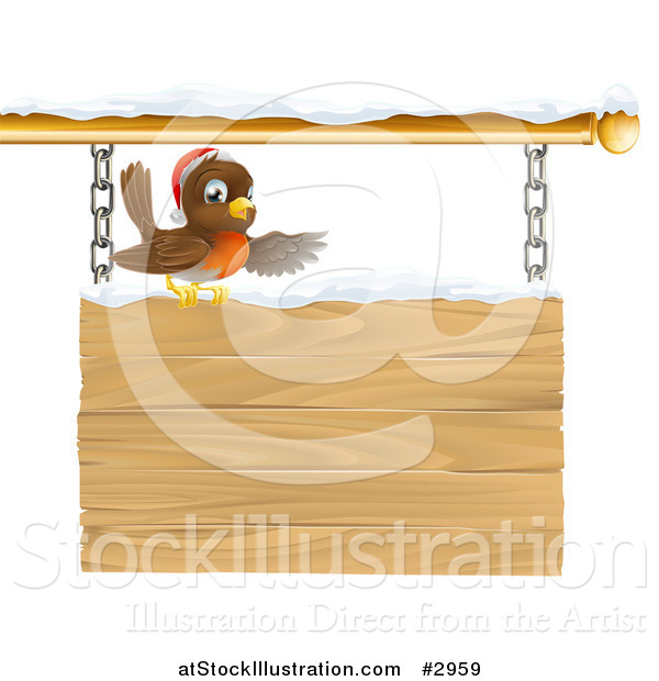 Vector Illustration of a Christmas Robin with a Santa Hat Pointing on a Snow Covered Wooden Sign