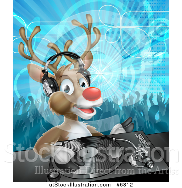 Vector Illustration of a Christmas Rudolph Reindeer Dj Wearing Headphones over a Turntable and People Dancing in the Background