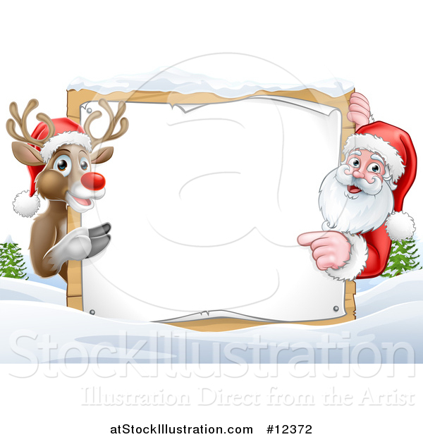 Vector Illustration of a Christmas Santa Claus and Reindeer with a Blank Sign in a Snowy Landscape