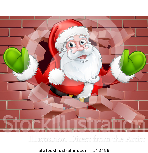 Vector Illustration of a Christmas Santa Claus Breaking Through a Brick Wall