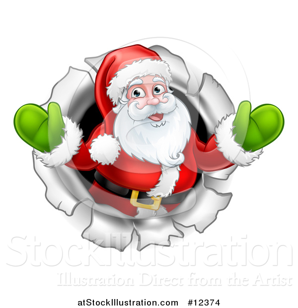 Vector Illustration of a Christmas Santa Claus Breaking Through a Hole in a Wall