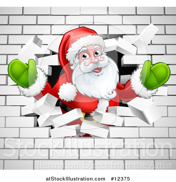 Vector Illustration of a Christmas Santa Claus Breaking Through a White Brick Wall