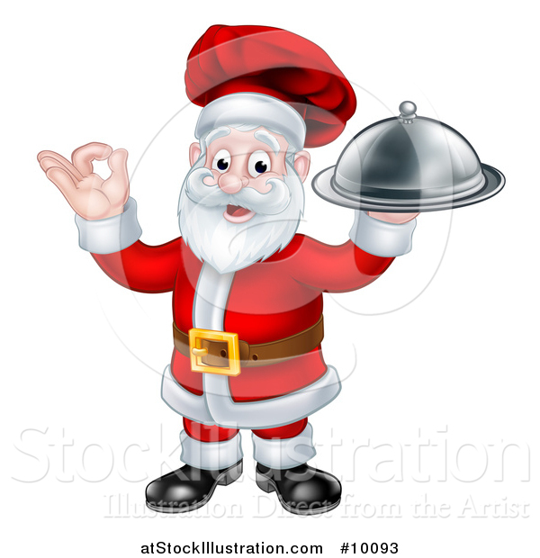 Vector Illustration of a Christmas Santa Claus Chef Holding a Cloche Platter and Gesturing Perfect or Ok