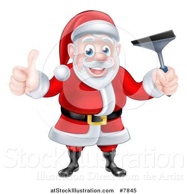 Vector Illustration of a Christmas Santa Claus Giving a Thumb up and Holding a Window Cleaning Squeegee