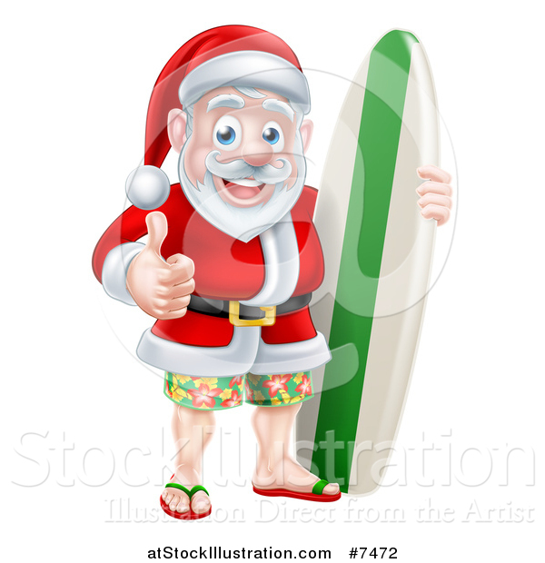 Vector Illustration of a Christmas Santa Claus Giving a Thumb up and Standing with a Green and White Surf Board