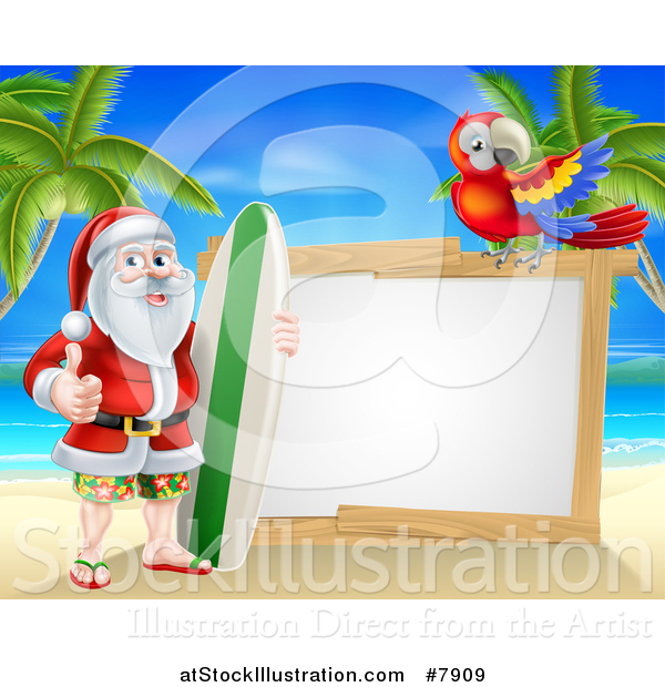 Vector Illustration of a Christmas Santa Claus Giving a Thumb up and Standing with a Surf Board on a Tropical Beach by a Blank White Sign with a Scarlet Macaw Parrot