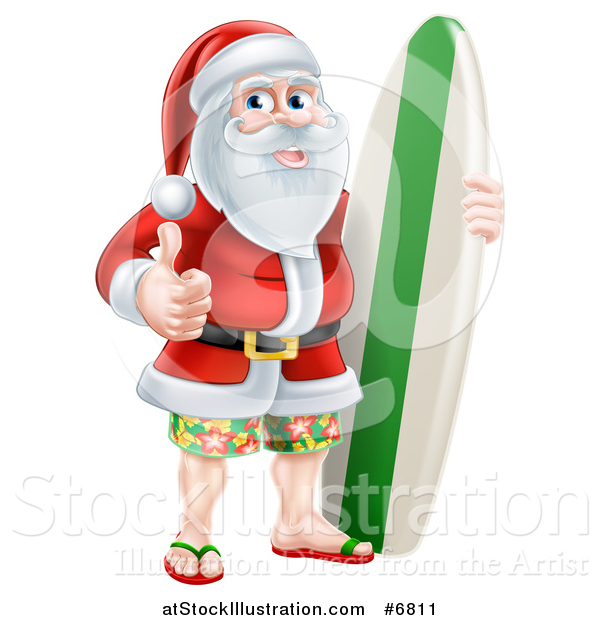 Vector Illustration of a Christmas Santa Claus Giving a Thumb up and Standing with a Surf Board on Vacation