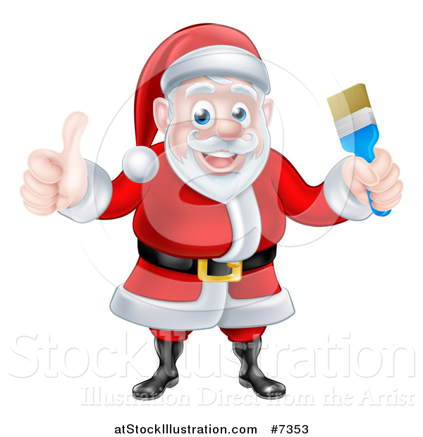 Vector Illustration of a Christmas Santa Claus Holding a Blue Paintbrush and Giving a Thumb up