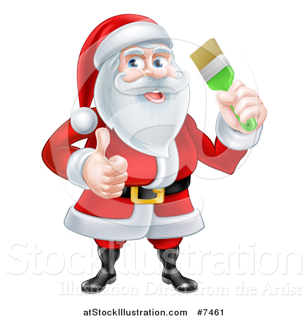 Vector Illustration of a Christmas Santa Claus Holding a Green Paintbrush and Giving a Thumb up