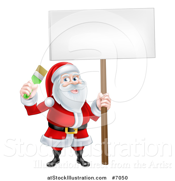 Vector Illustration of a Christmas Santa Claus Holding a Paintbrush and Sign