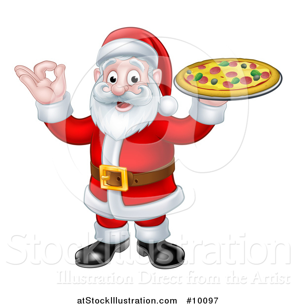 Vector Illustration of a Christmas Santa Claus Holding a Pizza and Gesturing Perfect or Ok