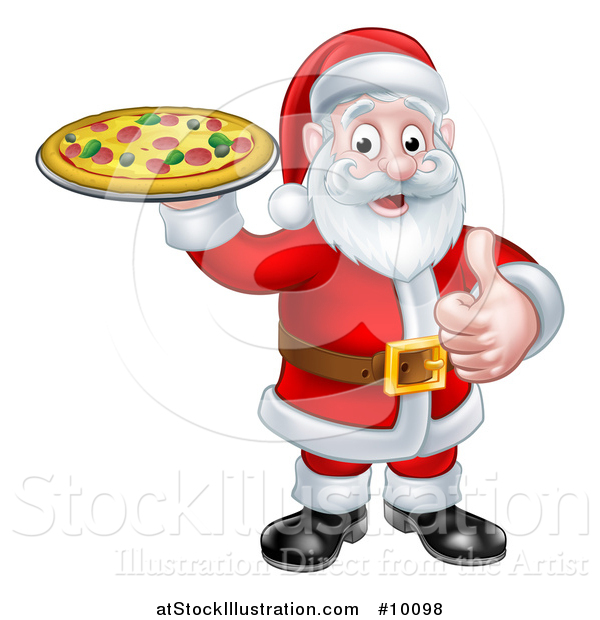 Vector Illustration of a Christmas Santa Claus Holding a Pizza and Giving a Thumb up