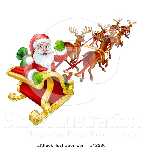 Vector Illustration of a Christmas Santa Claus in a Flying Magic Sleigh with Reindeer