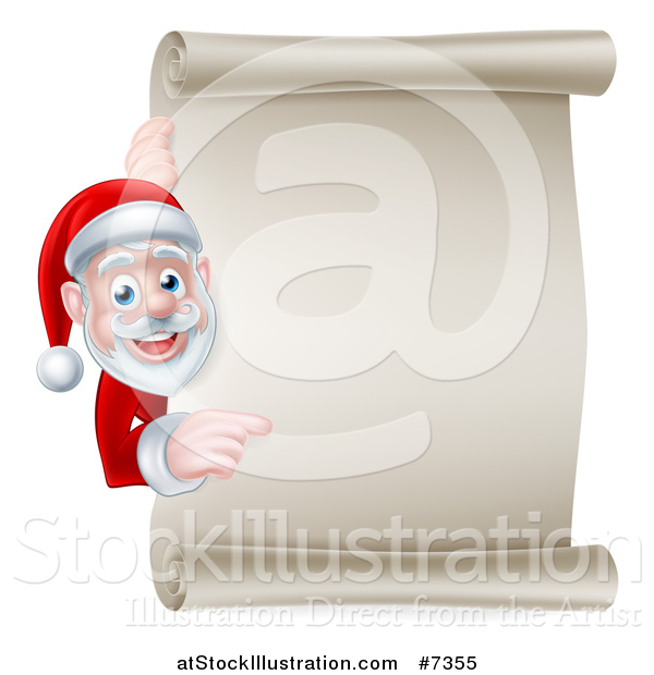 Vector Illustration of a Christmas Santa Claus Looking and Pointing Around a Blank Parchment Scroll