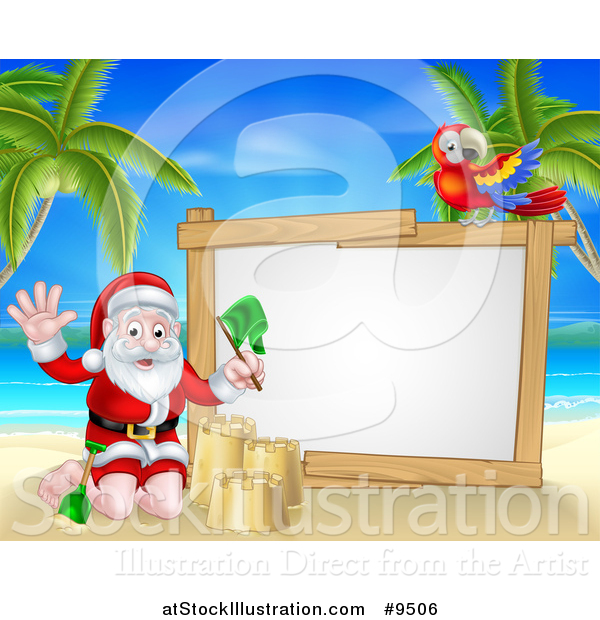 Vector Illustration of a Christmas Santa Claus Waving and Making a Sand Castle on a Tropical Beach by a Blank White Sign with a Parrot