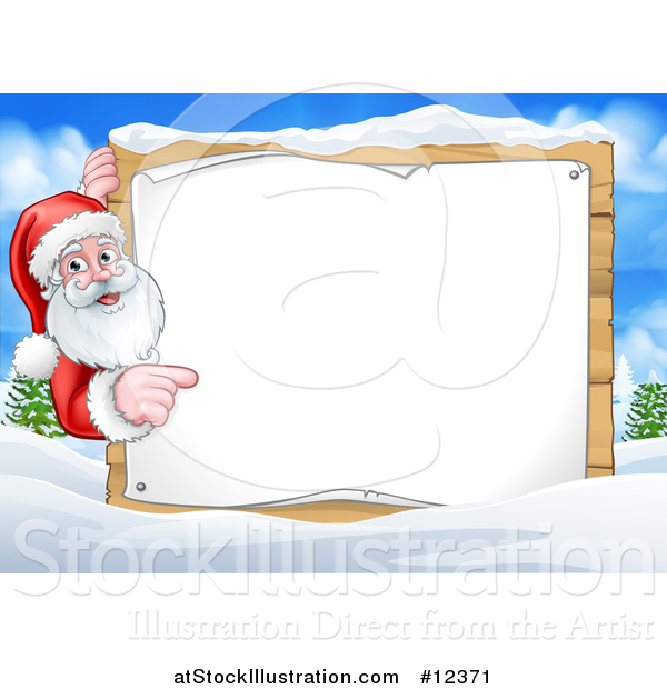 Vector Illustration of a Christmas Santa Claus with a Blank Sign in a Snowy Landscape