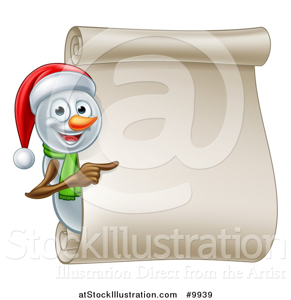 Vector Illustration of a Christmas Snowman Wearing a Santa Hat and Pointing Around a Blank Scroll