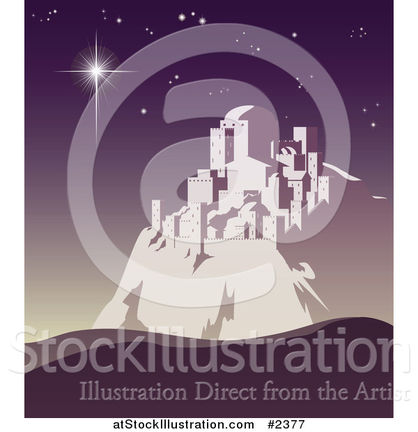Vector Illustration of a Christmas Star Shining over Bethlehem on a Purple Night