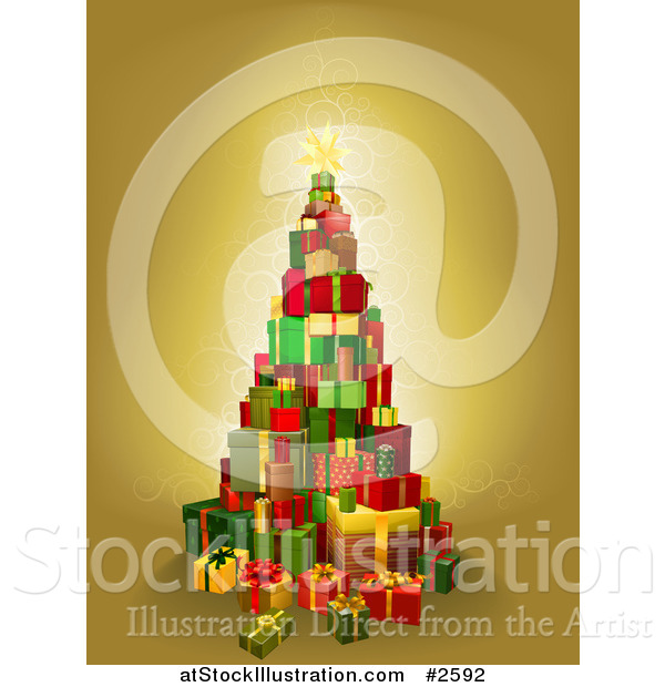 Vector Illustration of a Christmas Tree of 3d Gift Boxes on Gold