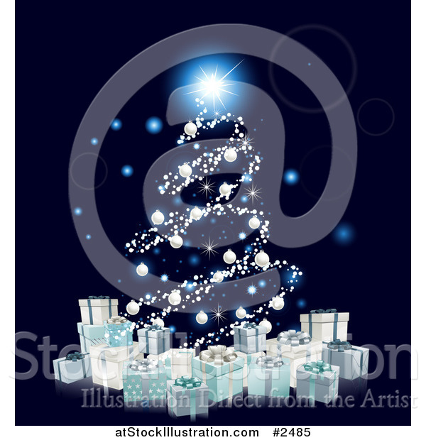 Vector Illustration of a Christmas Tree of Glowing Orbs and 3d Silver Baubles over Gift Boxes