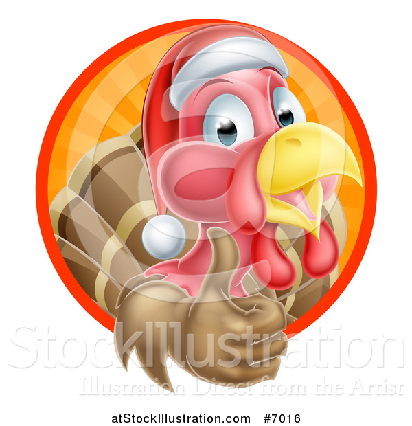 Vector Illustration of a Christmas Turkey Bird Wearing a Santa Hat and Giving a Thumb up in a Circle of Rays