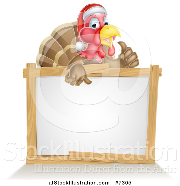 Vector Illustration of a Christmas Turkey Bird Wearing a Santa Hat and Giving a Thumb up over a Blank White Sign 2