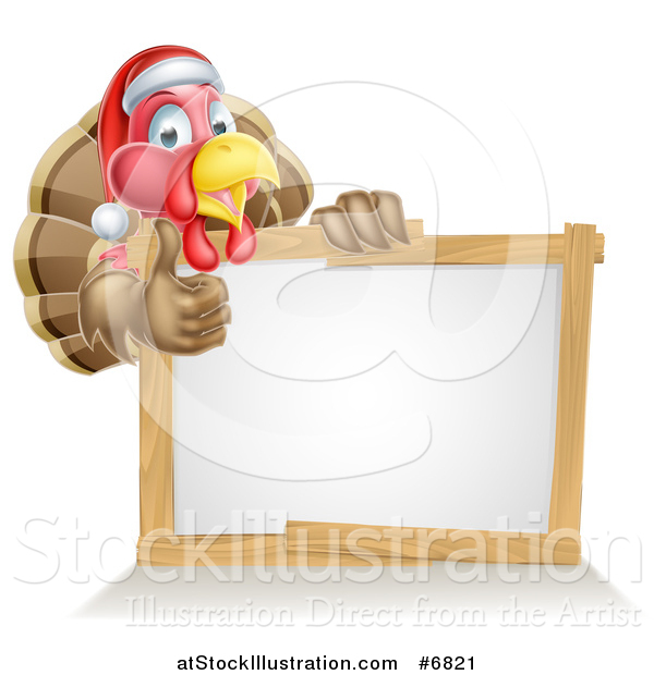 Vector Illustration of a Christmas Turkey Bird Wearing a Santa Hat and Giving a Thumb up over a Blank White Sign